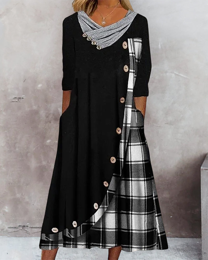 Fatima | Kariertes langärmliges Midikleid für Damen