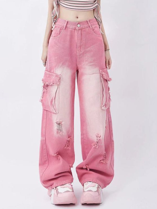 Rosa Y2K Multi Taschen Ripped Cargo Jeans mit Verblasstem Effekt