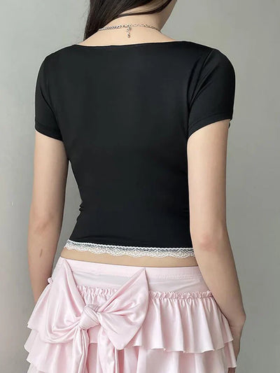 Vintage Schleifen Spitzenbesatz Slim Crop Top mit V Ausschnitt