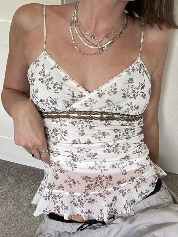 Vintage Spitze Nähen Gekräuselt Perspektive Mesh Cami Top