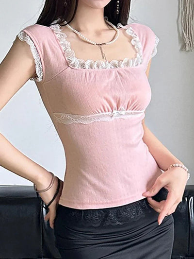 Rosa Vintage Spitzenbesatz Schleife Crop Top mit Eckigem Ausschnitt