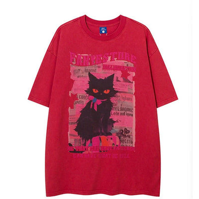 Kontrastfarbenes Y2K Katzenprint Kurzarm T-Shirt