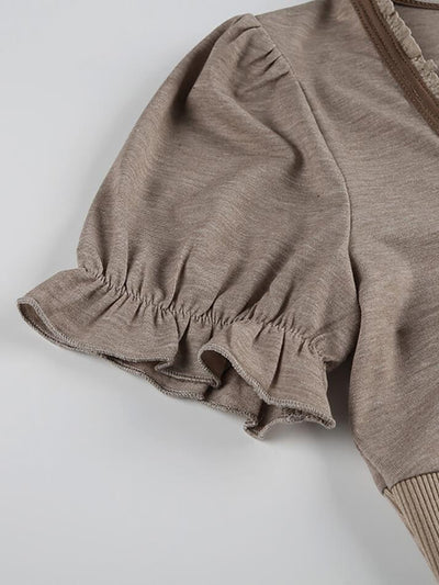 Khaki Vintage Blasenärmeln Top mit V-Ausschnitt