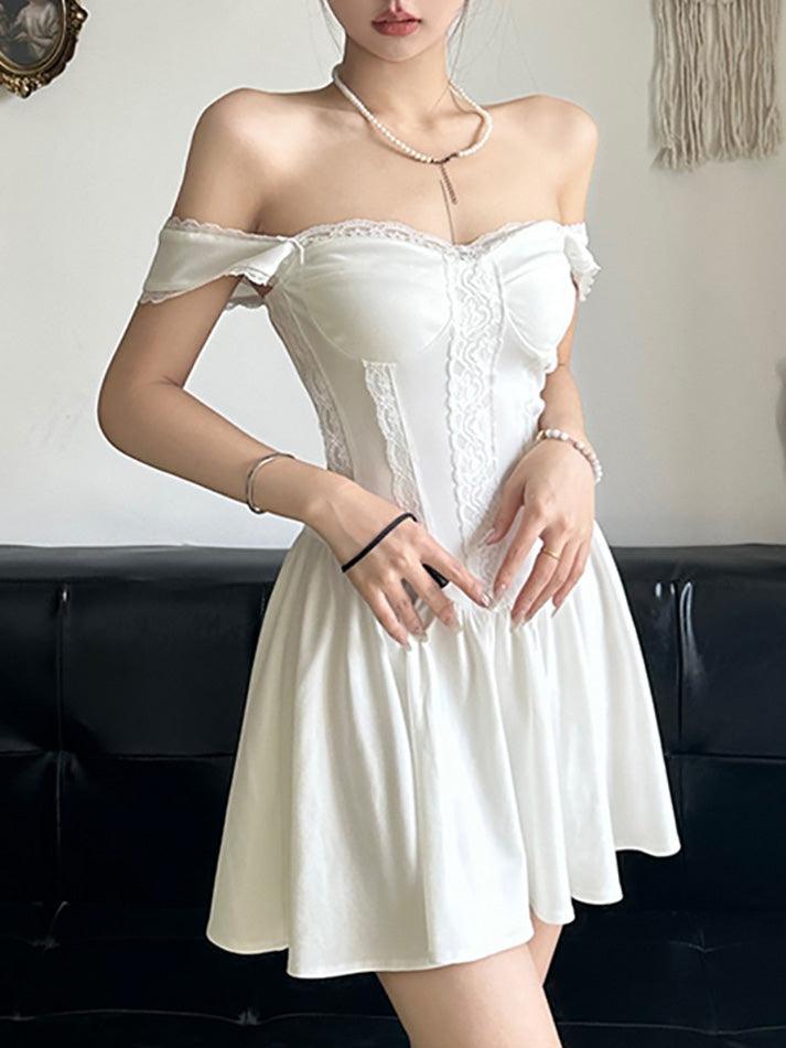 Weißes Französisches A-Line Corsagenkleid mit Spitze