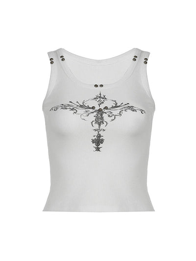 Weißes Gothic Print Nieten Tank Top