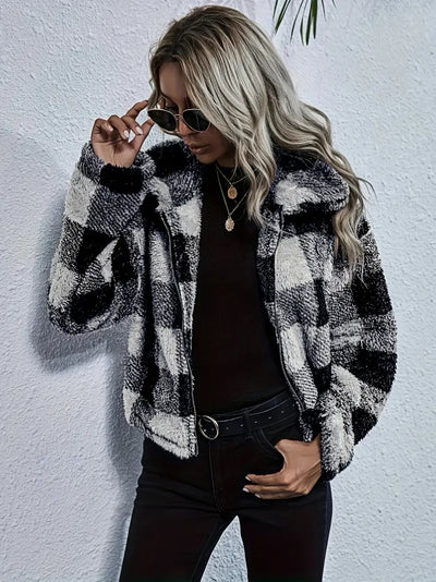 Irevira | Plaid Muster Reißverschluss vorne Teddy Mantel, vielseitig lange Ärmel Winter warme Outwear