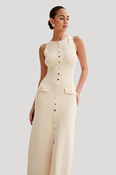 Fabienne | Ärmelloses Knopfleiste Strick-Midikleid