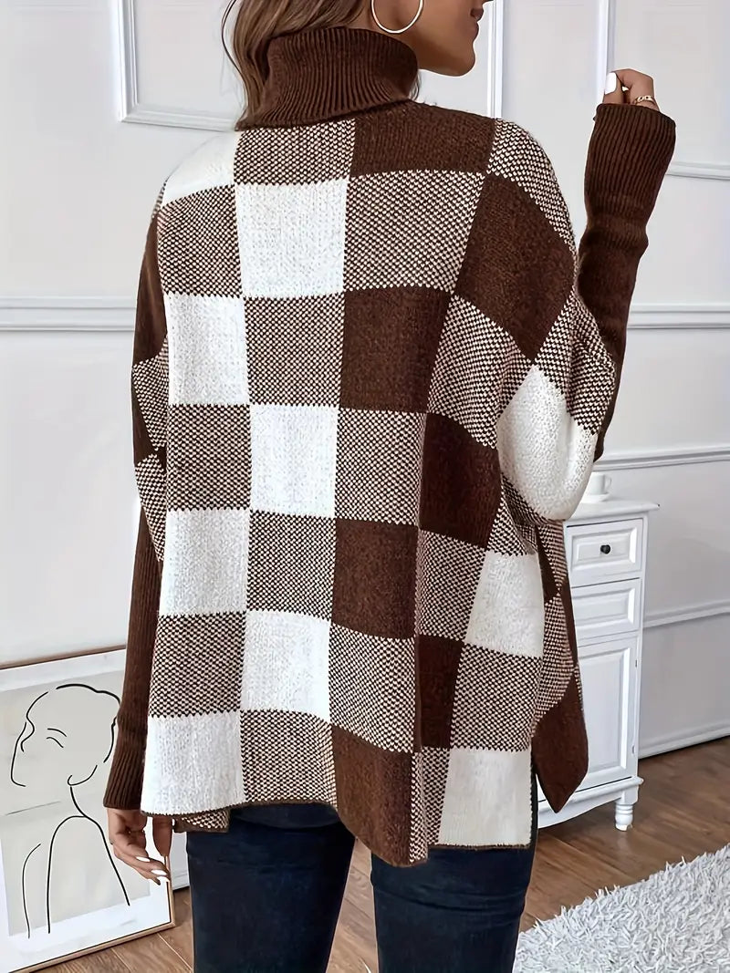 Reigaven | Plaid Color Block Turtle Neck Sweater, eleganter Langarmpullover