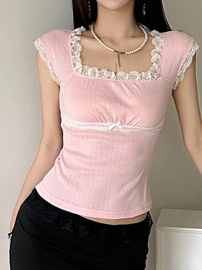 Rosa Vintage Spitzenbesatz Schleife Crop Top mit Eckigem Ausschnitt