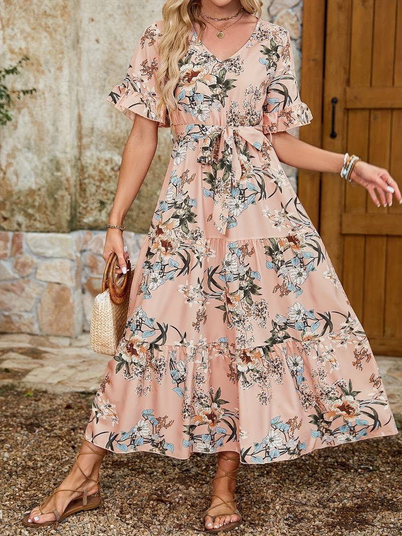 Lily – kurzärmliges rüschenkleid mit blumendruck und v-ausschnitt