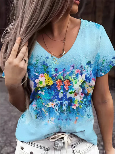 T-shirt mit v-ausschnitt, bedruckt mit floraler kunst