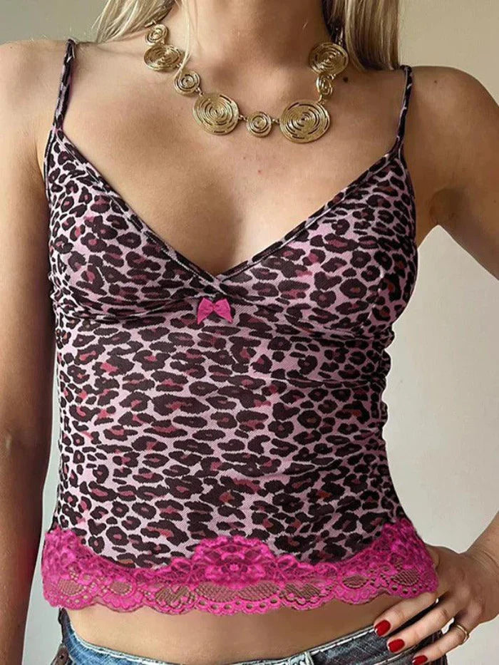 Rosa Vintage Leopardenmuster Spitzenbesatz Cami Top