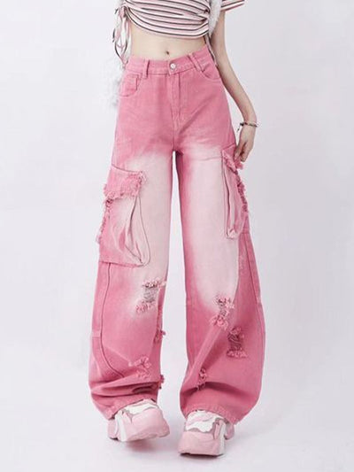 Rosa Y2K Multi Taschen Ripped Cargo Jeans mit Verblasstem Effekt