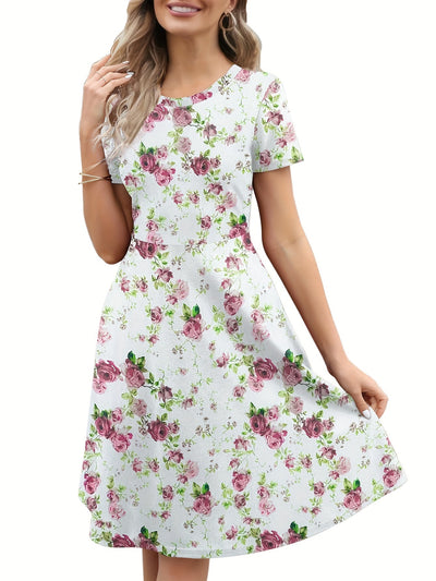 Sorena | Blumen Print Rundhalsausschnitt Damen Kleid