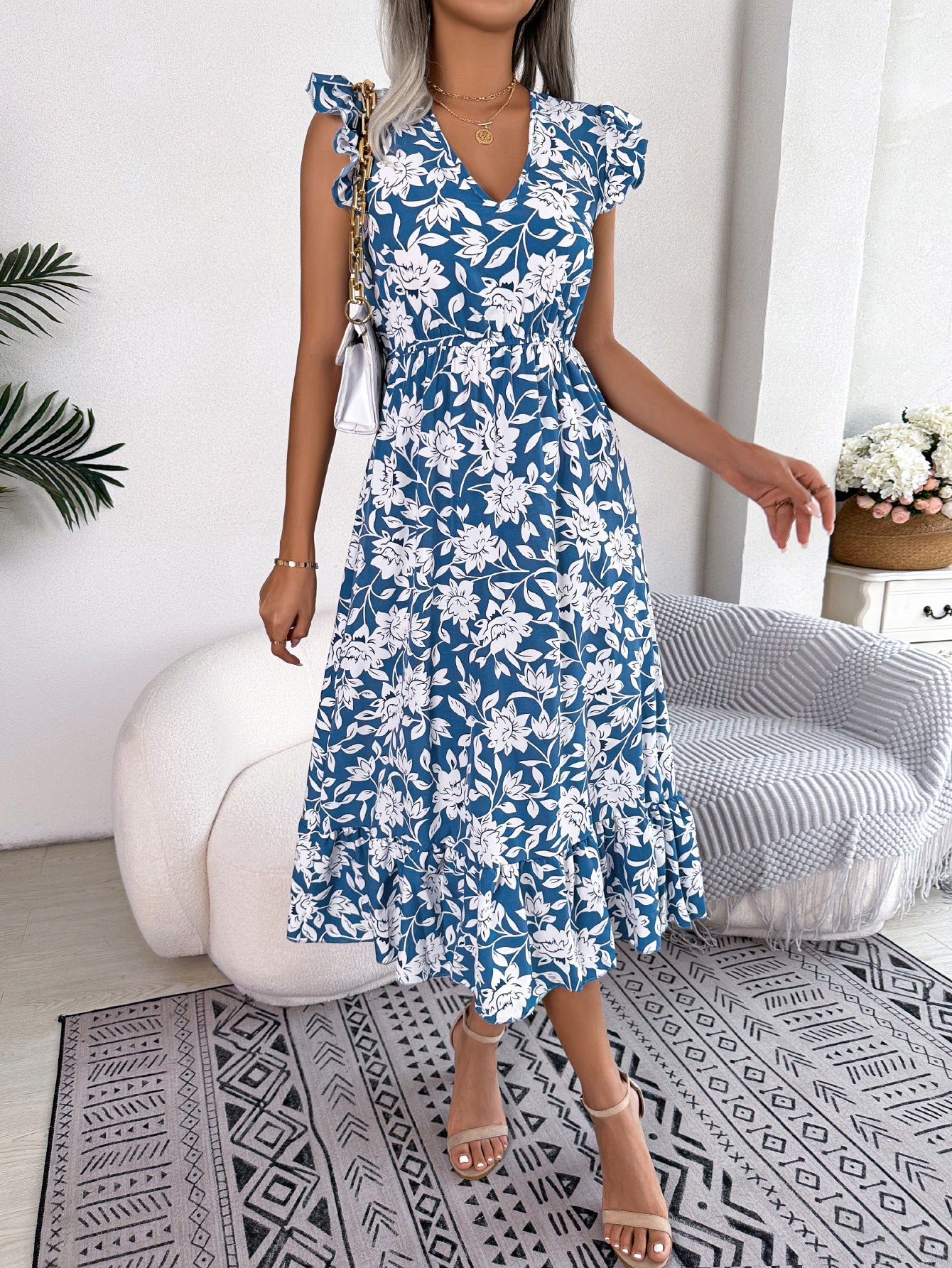 Finiann | Blumen Print V-Neck Damen Kleid