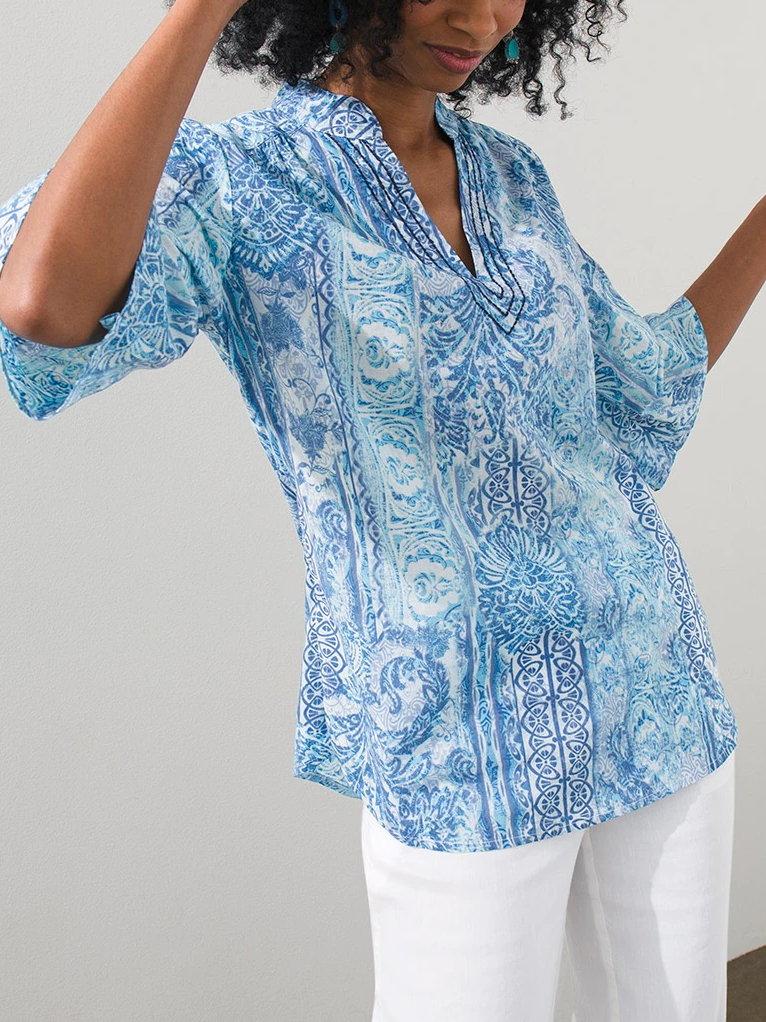 Finianiya | Ärmel Boho Damen Bluse | Blau