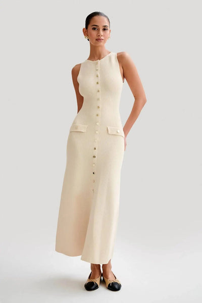 Fabienne | Ärmelloses Knopfleiste Strick-Midikleid