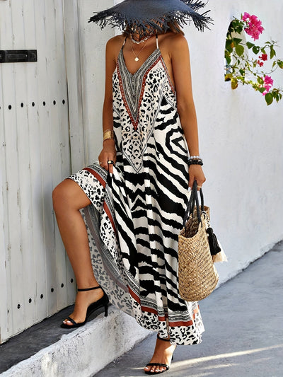 Maevelyn | Chic Zebra Print Backless Halter Neck Dress