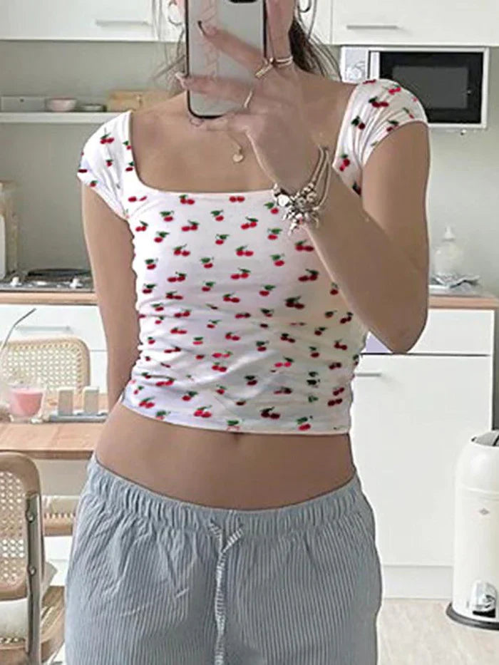 Weißes Süßes Musterdruck Slim Fit Crop Top