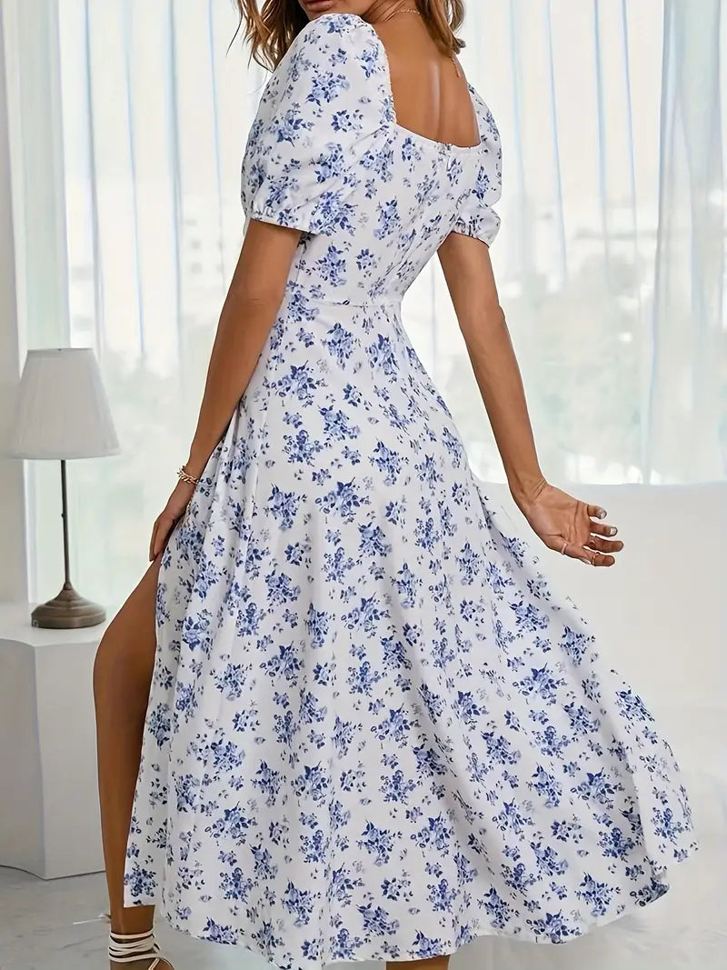 Vintage Puffärmeln Schlitz Blumenkleid