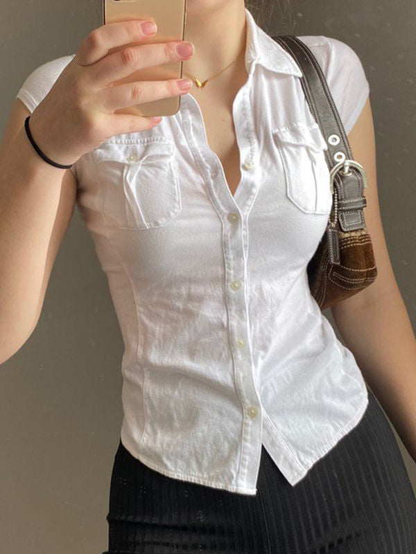 Weißes Y2K Bluse mit Tasche und Knopfleiste