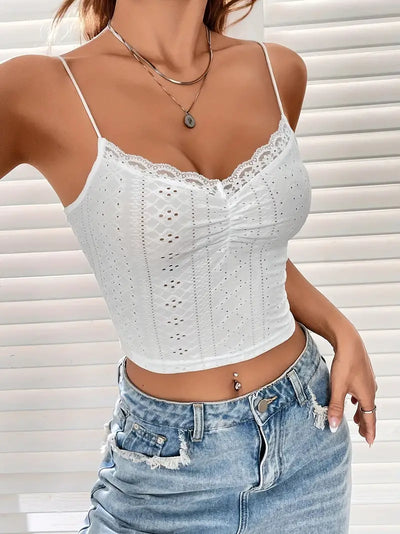 Vintage Lochstickerei Cami Crop Top mit Spitze