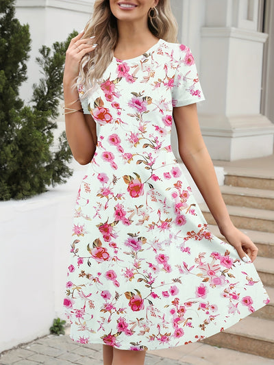 Sorena | Blumen Print Rundhalsausschnitt Damen Kleid