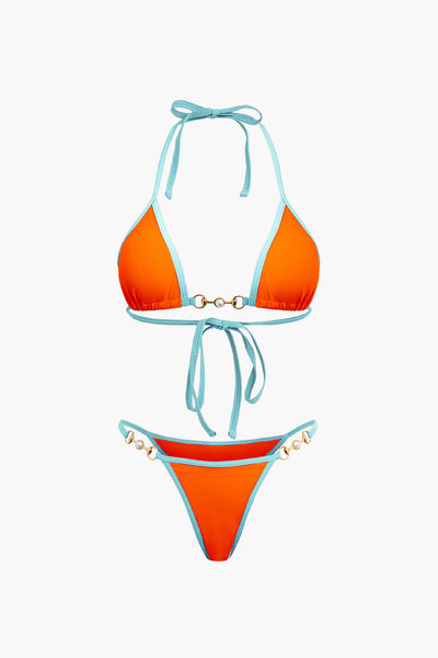 Kontrast Vintage Perle Detail Halter 2 Stück Bikini Set