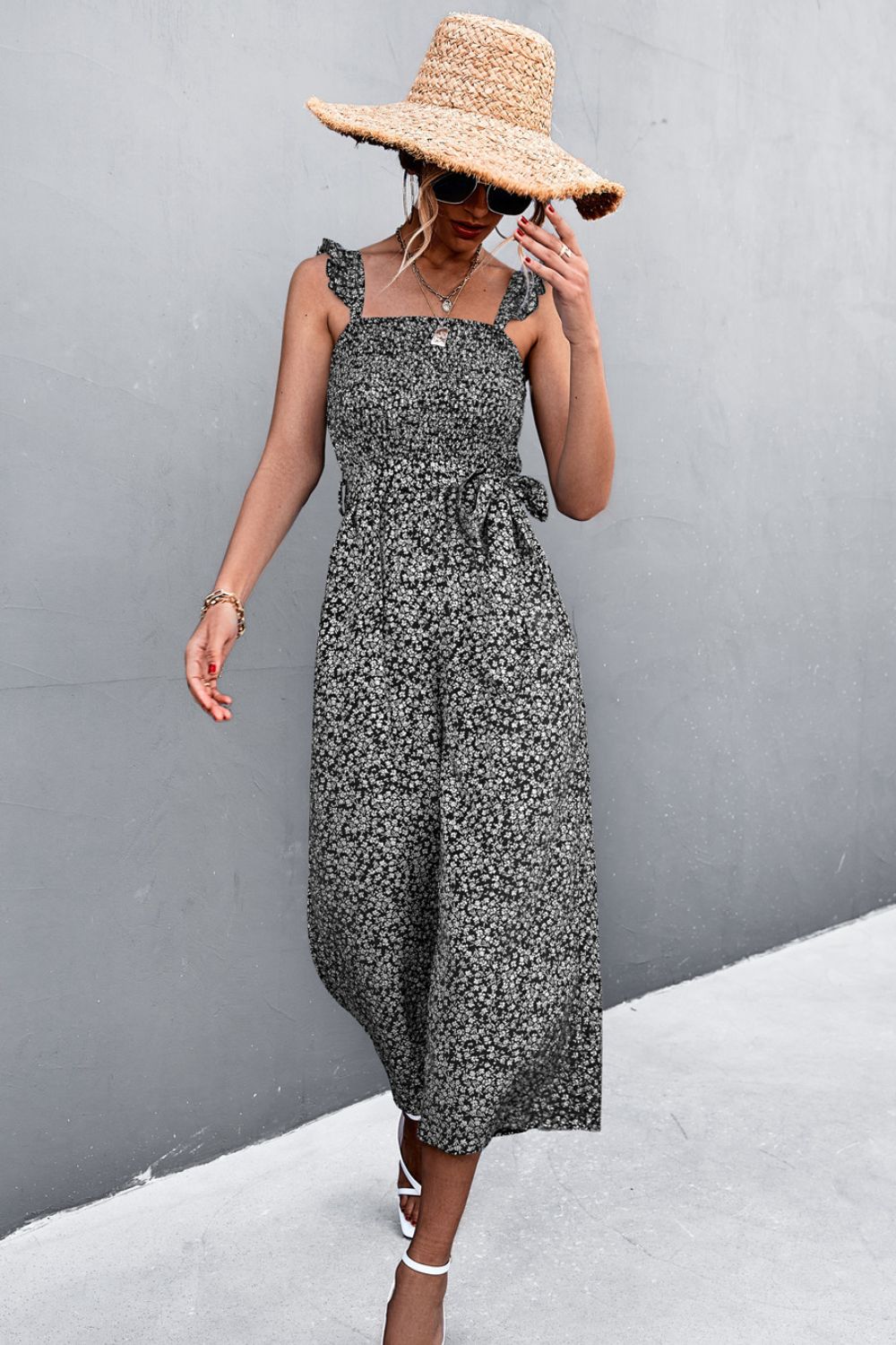 Carlyn | Bedruckter Jumpsuit mit gerafften Trägern für Damen