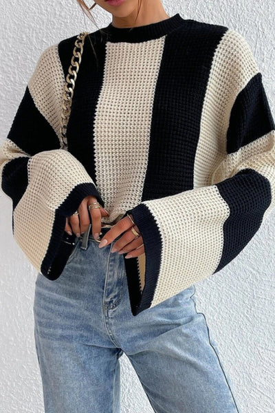 Contrast Bell Sleeve Round Neck Open Knit Top