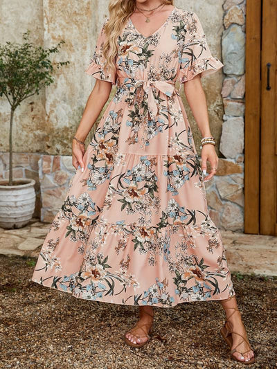 Lily – kurzärmliges rüschenkleid mit blumendruck und v-ausschnitt