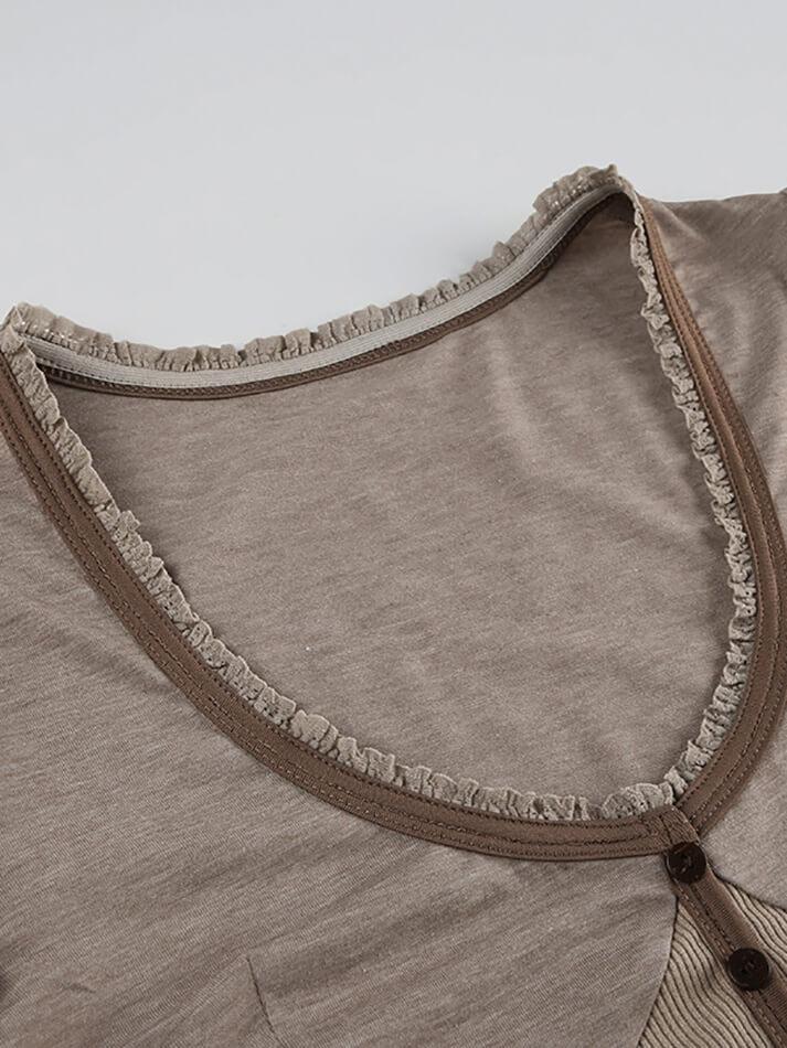 Khaki Vintage Blasenärmeln Top mit V-Ausschnitt