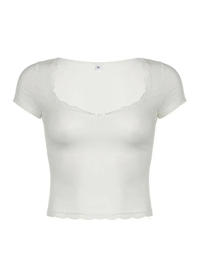 Vintage Schleifen Spitzenbesatz Slim Crop Top mit V Ausschnitt