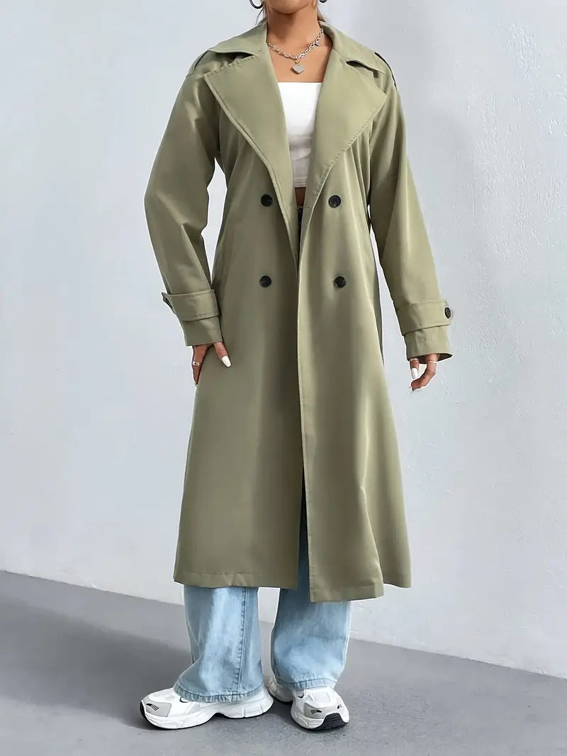 Rersylha | Unifarbener doppelreihiger Trenchcoat mit gekerbtem Revers