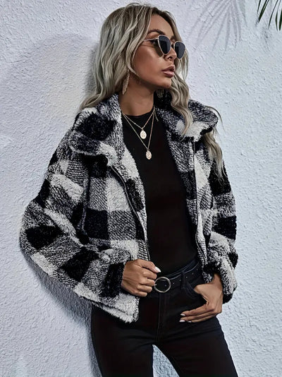 Irevira | Plaid Muster Reißverschluss vorne Teddy Mantel, vielseitig lange Ärmel Winter warme Outwear