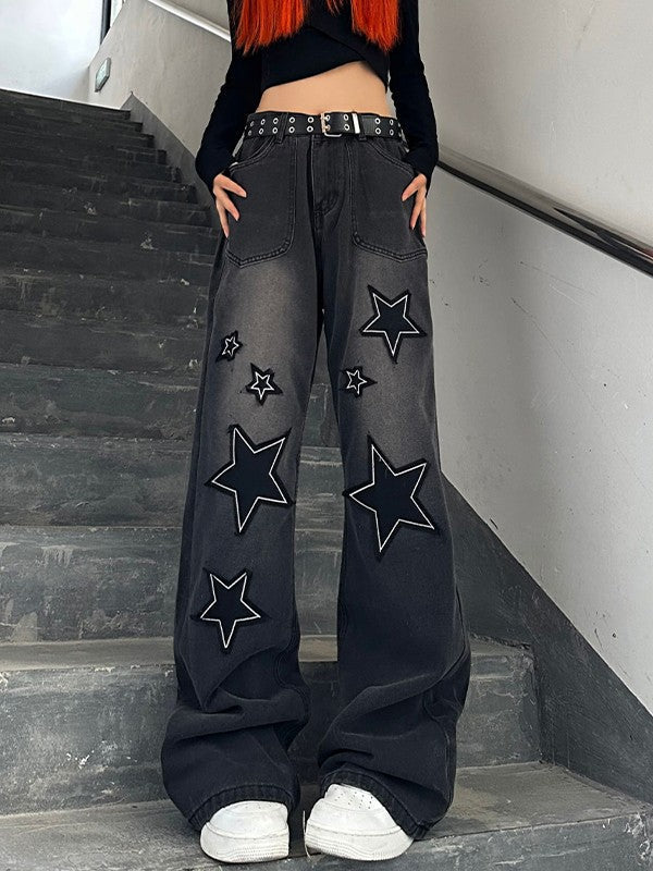 Dunkle Y2K Stern Patch Baggy Boyfriend Jeans