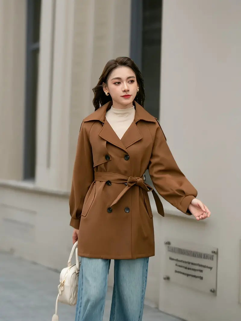 Libernie | Zweireihiger Trenchcoat mit Revers, eleganter, solider Langarmgürtel