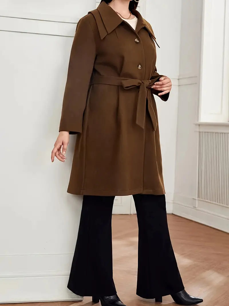 Rerfalha | Plus Size Belted Knopf Mantel, lässig lange Ärmel Revers Outwear