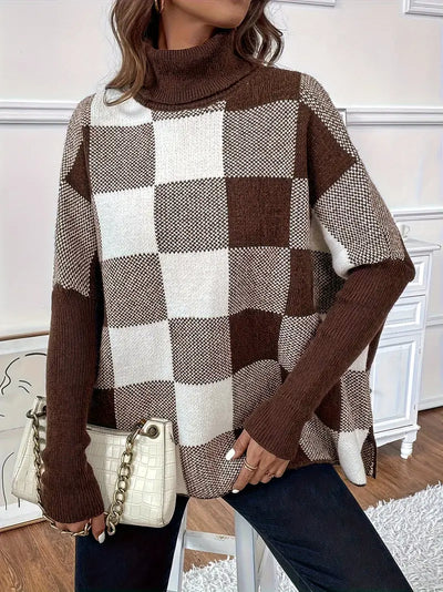 Reigaven | Plaid Color Block Turtle Neck Sweater, eleganter Langarmpullover