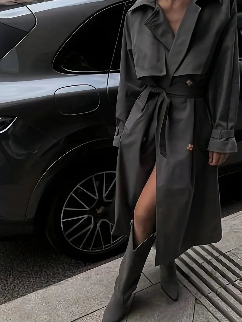 Lisarnie | Zweireihiger Trenchcoat mit gekerbtem Revers, elegante, solide lange Ärmel