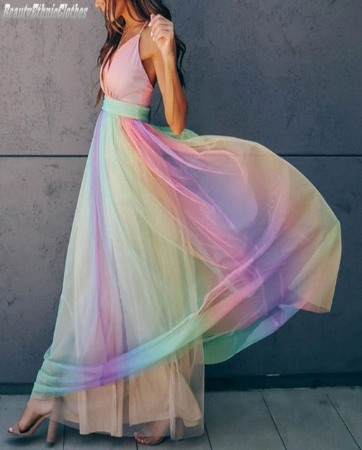 Garricki | Regenbogen Spaghetti-Träger Damen Kleid | Mehrfarbig