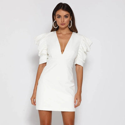 Janina | Weiße kleid mit puffärmeln und v-ausschnitt