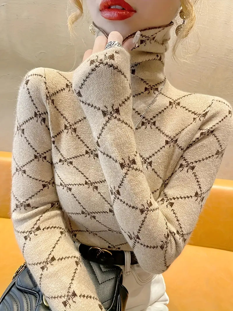 Dreiolyn | Allover Print Rollkragenpullover, Freizeitpullover mit langen Ärmeln