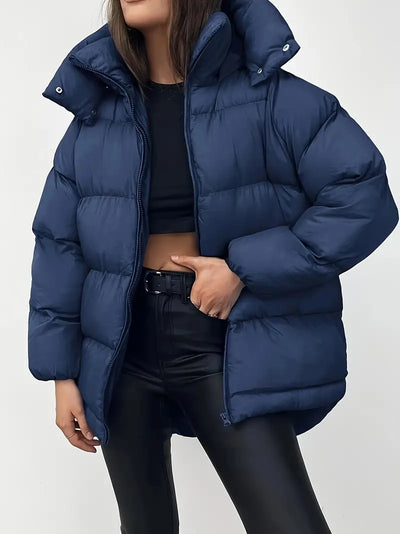 Iresira | Elegante schwarze Kapuzen-Pufferjacke für Frauen - dicker, warmer Wintermantel