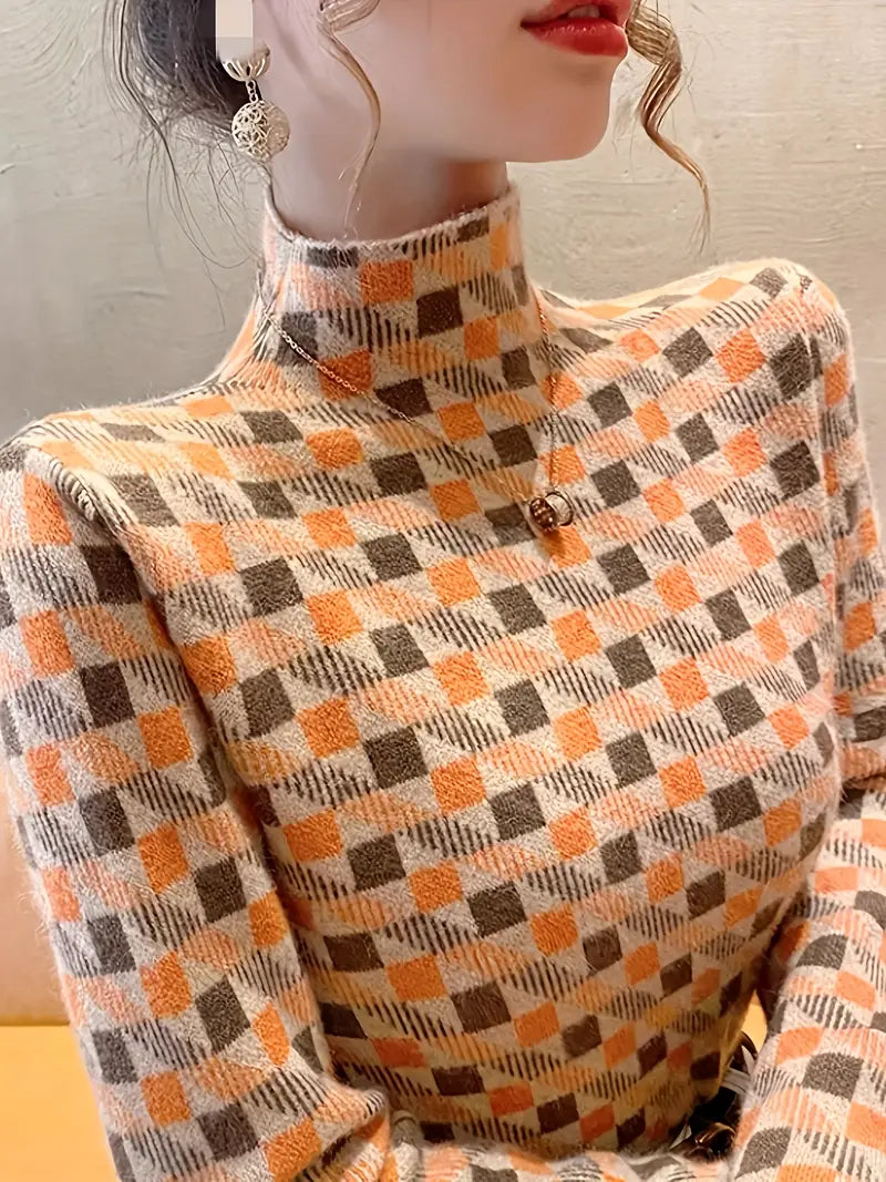 Reigisa | Eleganter Damenstrickpullover - Hoher Ausschnitt, Color Block