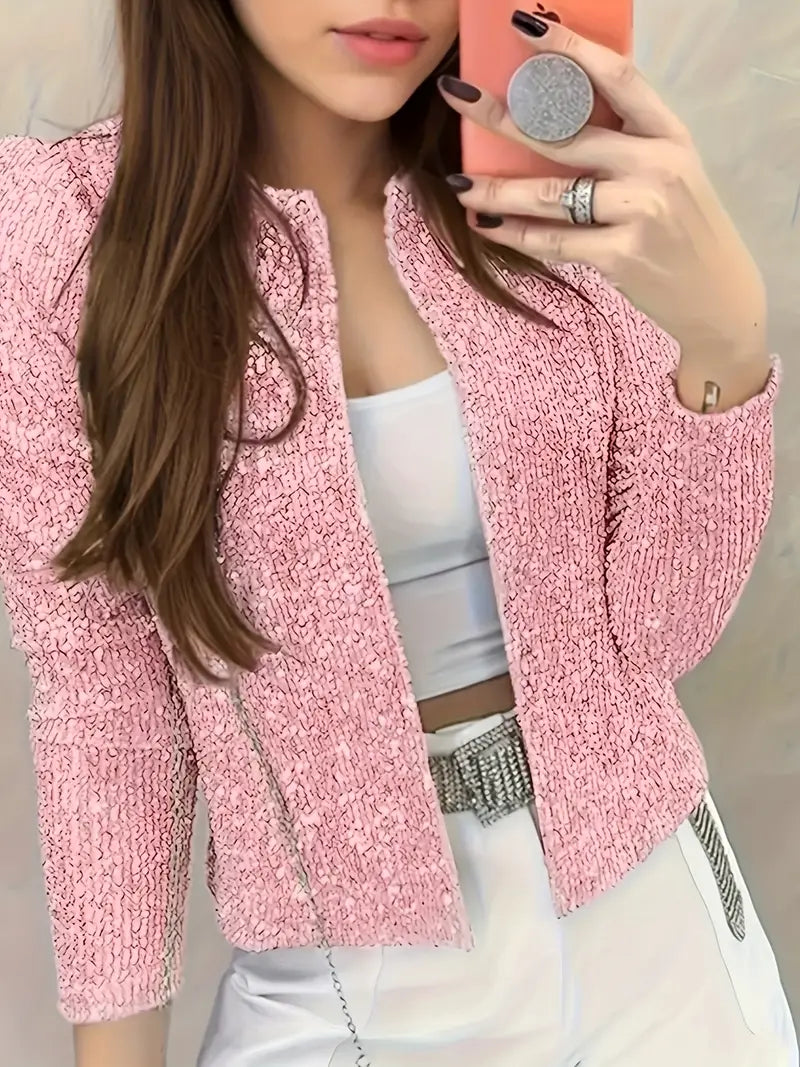 Palindaya | Glitzernde Paillettenjacke mit offener Vorderseite, elegante langärmelige schlanke Jacke