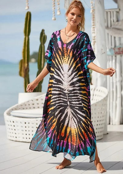 Evelyn – langes boho-kleid mit grafischem regenbogendruck