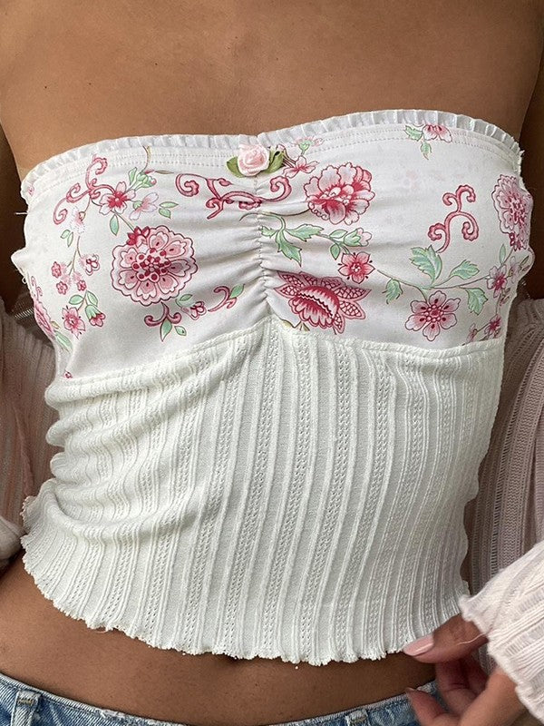 Süßes Florales Gestricktes Bandeau Top mit Patchwork