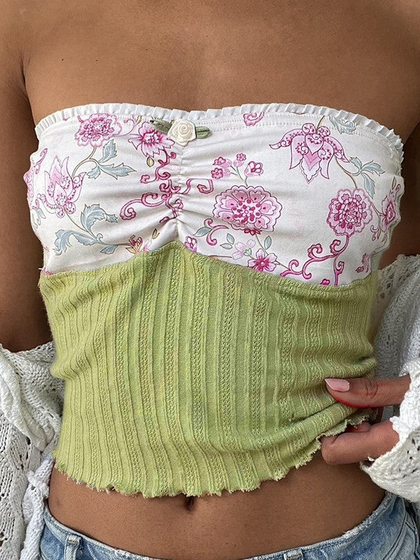 Süßes Florales Gestricktes Bandeau Top mit Patchwork