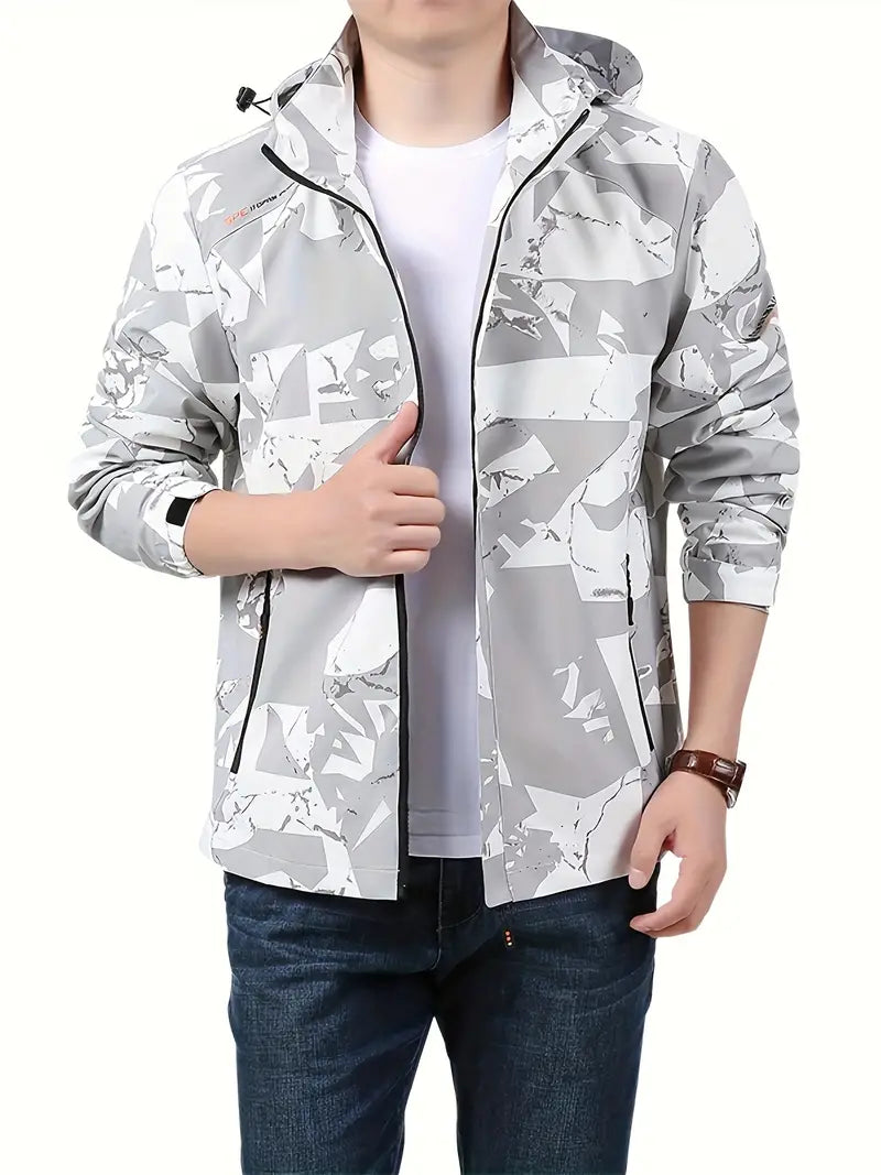 Irelithia | Winddichte Herren-Kapuzenjacke mit geometrischem Print - Freizeitmantel aus Polyester